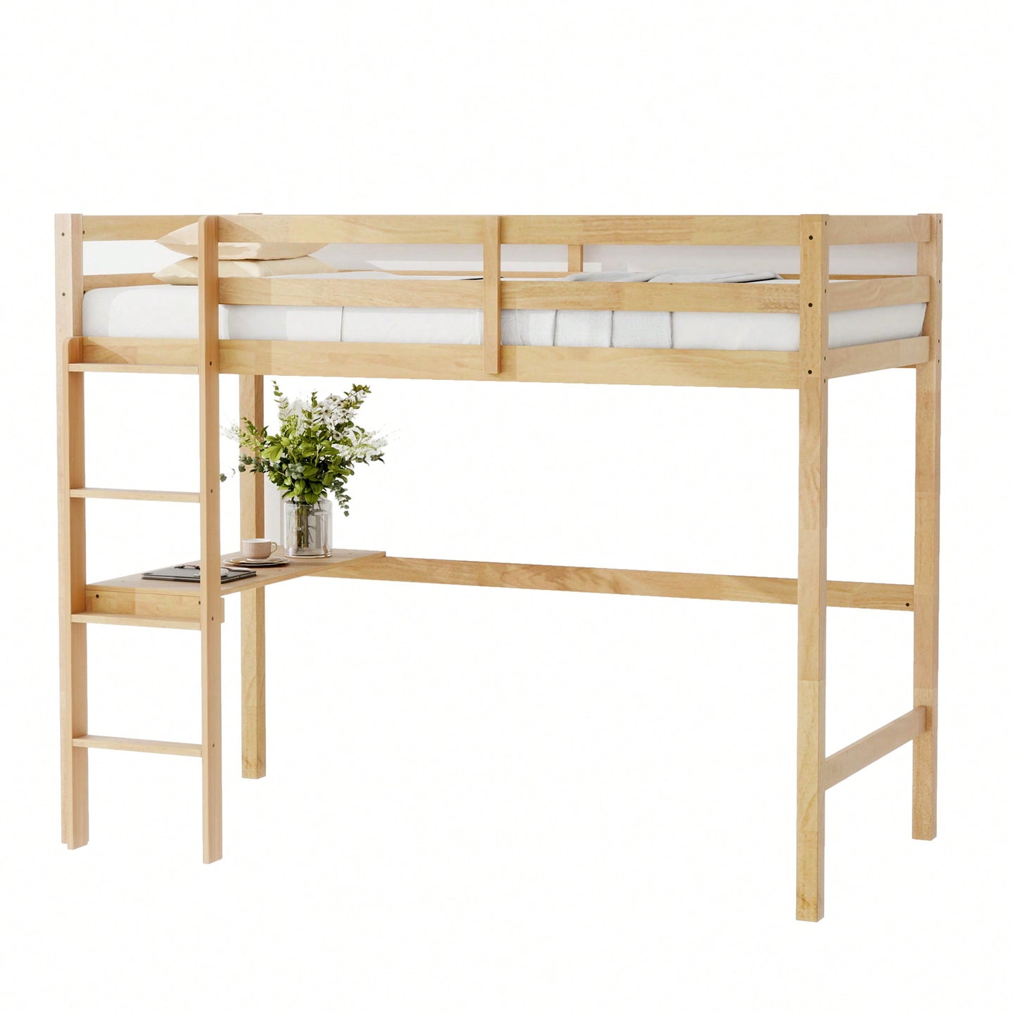 Twin High Loft Bed With Safety Guardrail And Built-In Desk In White Oak Finish