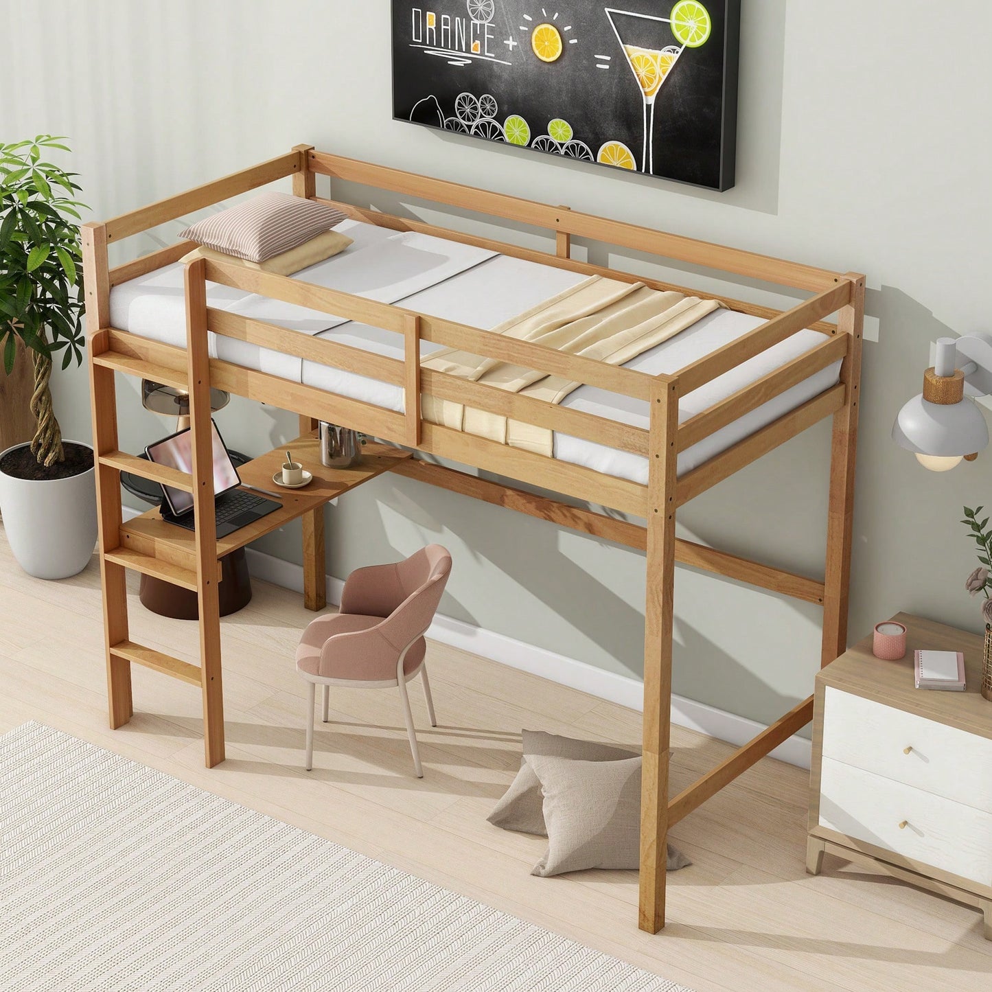 Twin High Loft Bed With Safety Guardrail And Built-In Desk In White Oak Finish