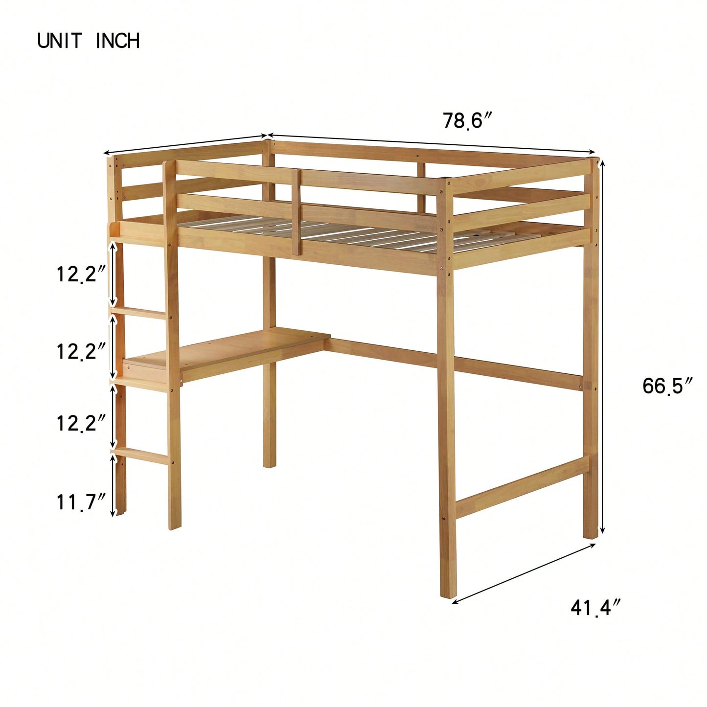 Twin High Loft Bed With Safety Guardrail And Built-In Desk In White Oak Finish