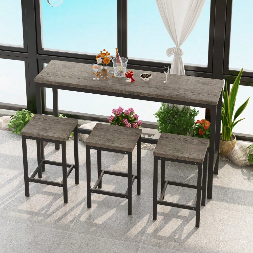 Stylish Modern Kitchen Dining Table Set With 3 Stools Easy Assembly Gray Finish