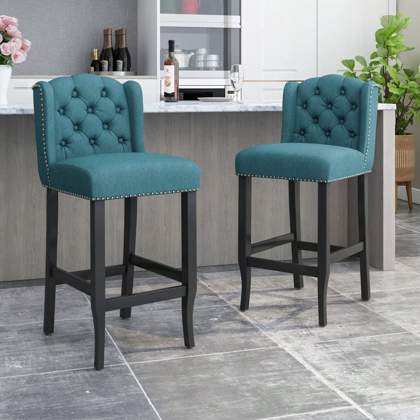 Fabric Tufted Wingback Counter Stools Set Of 2 With Dark Brown Legs 31 Inch Height Navy Blue