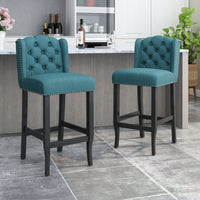 Fabric Tufted Wingback Counter Stools Set Of 2 With Dark Brown Legs 31 Inch Height Navy Blue