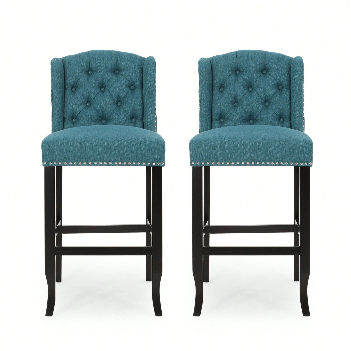 Fabric Tufted Wingback Counter Stools Set Of 2 With Dark Brown Legs 31 Inch Height Navy Blue