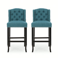 Fabric Tufted Wingback Counter Stools Set Of 2 With Dark Brown Legs 31 Inch Height Navy Blue