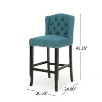 Fabric Tufted Wingback Counter Stools Set Of 2 With Dark Brown Legs 31 Inch Height Navy Blue