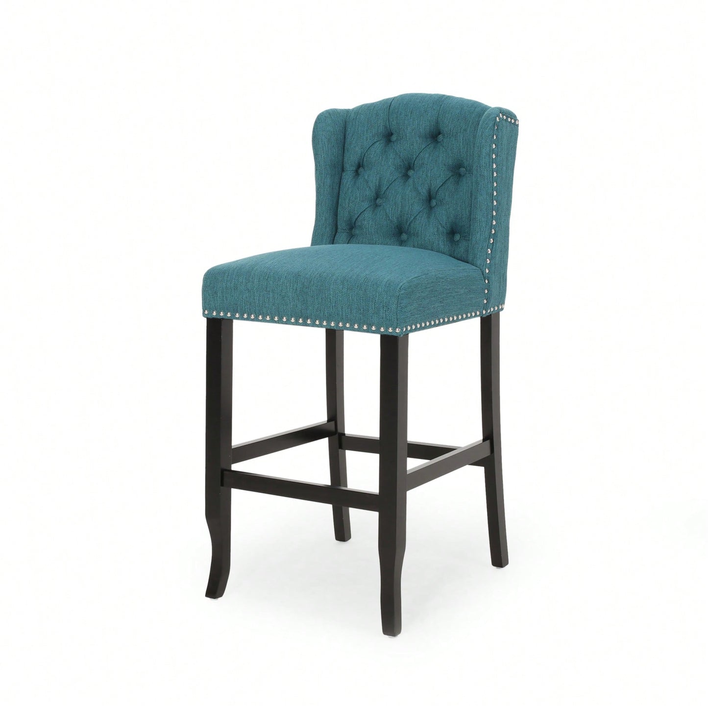 Fabric Tufted Wingback Counter Stools Set Of 2 With Dark Brown Legs 31 Inch Height Navy Blue