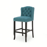 Fabric Tufted Wingback Counter Stools Set Of 2 With Dark Brown Legs 31 Inch Height Navy Blue