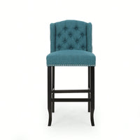 Fabric Tufted Wingback Counter Stools Set Of 2 With Dark Brown Legs 31 Inch Height Navy Blue