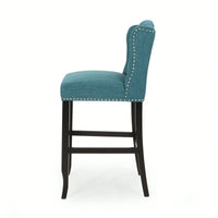 Fabric Tufted Wingback Counter Stools Set Of 2 With Dark Brown Legs 31 Inch Height Navy Blue