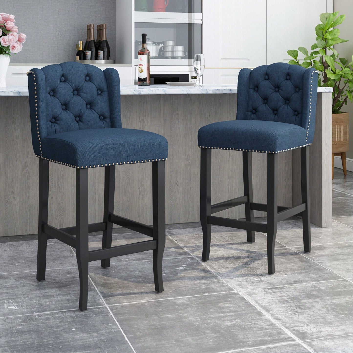 Fabric Tufted Wingback Counter Stools Set Of 2 With Dark Brown Legs 31 Inch Height Navy Blue