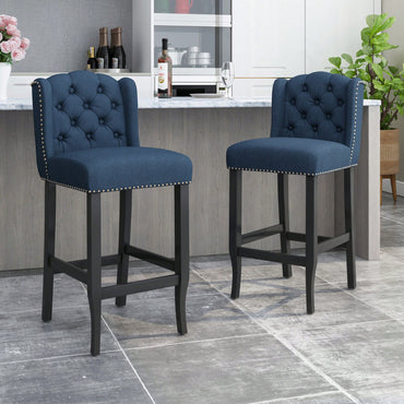 Fabric Tufted Wingback Counter Stools Set Of 2 With Dark Brown Legs 31 Inch Height Navy Blue