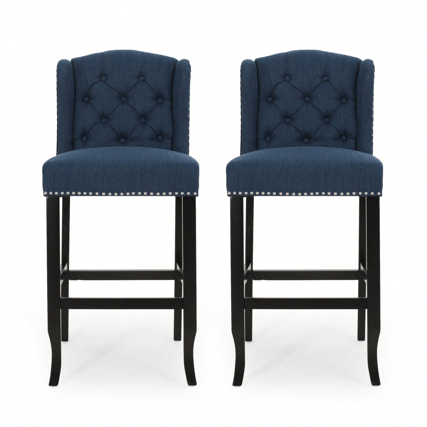 Fabric Tufted Wingback Counter Stools Set Of 2 With Dark Brown Legs 31 Inch Height Navy Blue
