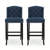 Fabric Tufted Wingback Counter Stools Set Of 2 With Dark Brown Legs 31 Inch Height Navy Blue
