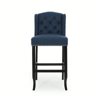 Fabric Tufted Wingback Counter Stools Set Of 2 With Dark Brown Legs 31 Inch Height Navy Blue