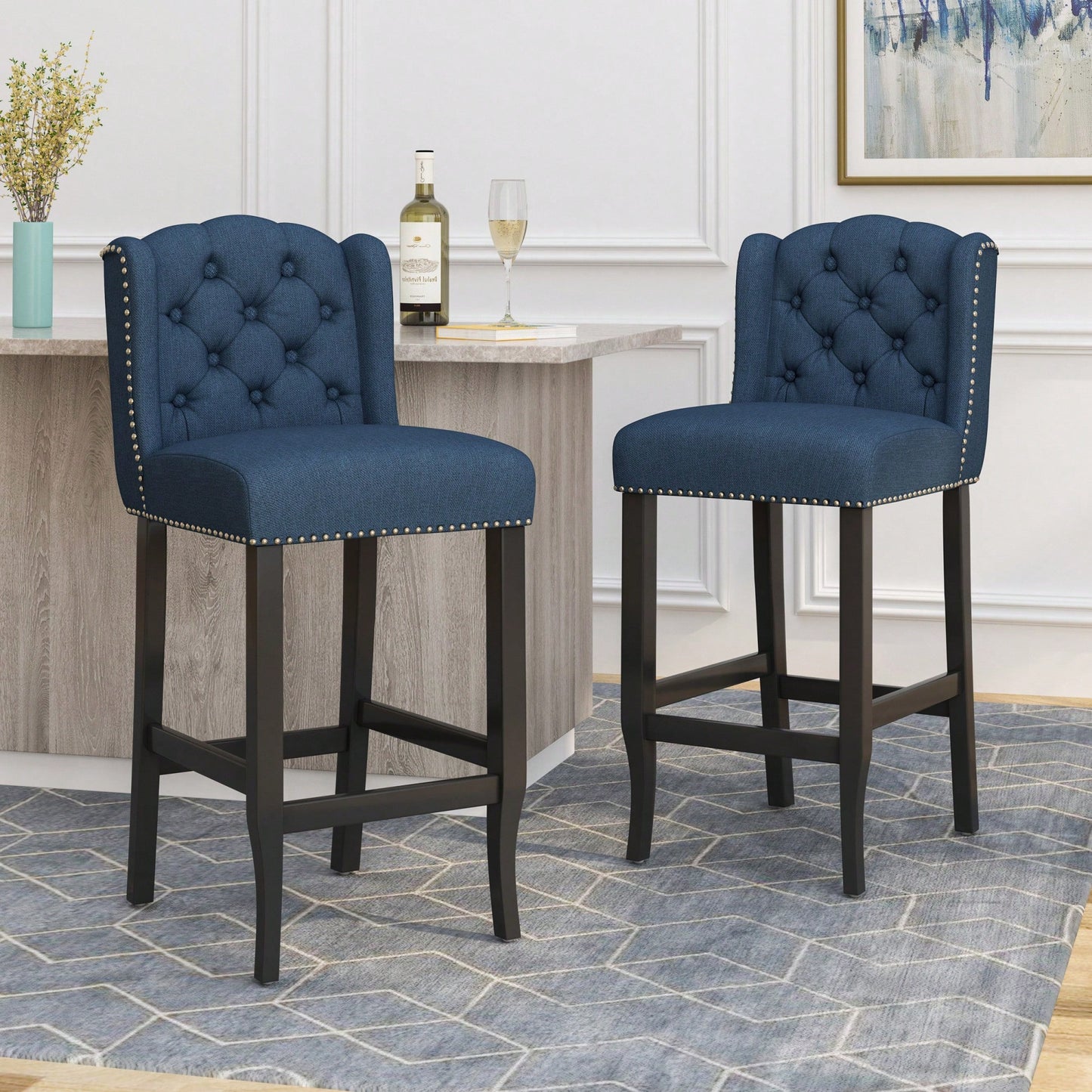 Fabric Tufted Wingback Counter Stools Set Of 2 With Dark Brown Legs 31 Inch Height Navy Blue