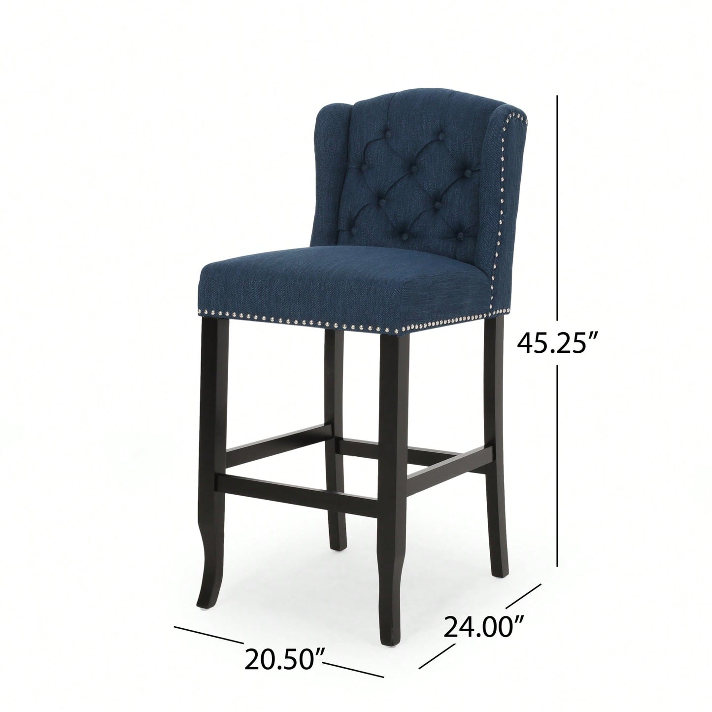 Fabric Tufted Wingback Counter Stools Set Of 2 With Dark Brown Legs 31 Inch Height Navy Blue