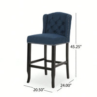 Fabric Tufted Wingback Counter Stools Set Of 2 With Dark Brown Legs 31 Inch Height Navy Blue