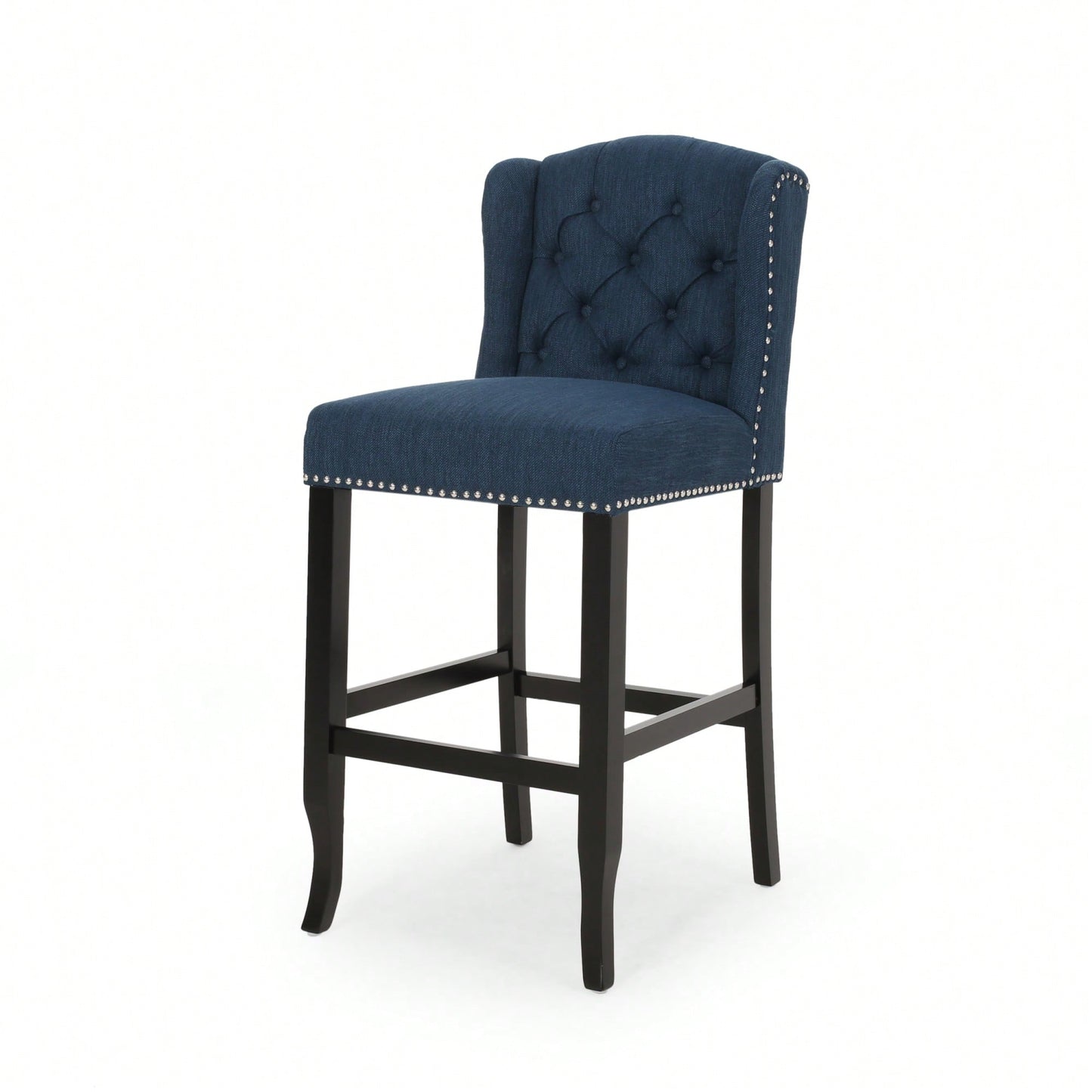Fabric Tufted Wingback Counter Stools Set Of 2 With Dark Brown Legs 31 Inch Height Navy Blue