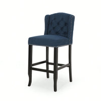 Fabric Tufted Wingback Counter Stools Set Of 2 With Dark Brown Legs 31 Inch Height Navy Blue