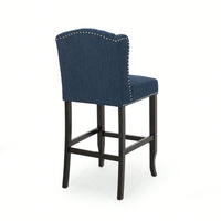 Fabric Tufted Wingback Counter Stools Set Of 2 With Dark Brown Legs 31 Inch Height Navy Blue