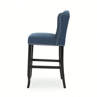 Fabric Tufted Wingback Counter Stools Set Of 2 With Dark Brown Legs 31 Inch Height Navy Blue