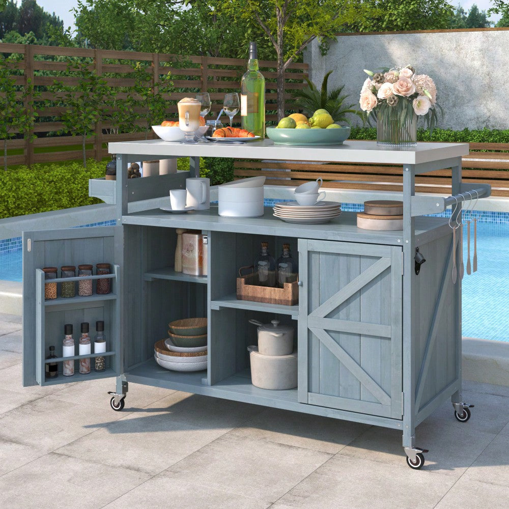 Farmhouse Solid Wood Outdoor Kitchen Island Rolling Bar Cart With Stainless Steel Top Spice Rack And Towel Rack For BBQ And Kitchen Storage