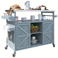 Farmhouse Solid Wood Outdoor Kitchen Island Rolling Bar Cart With Stainless Steel Top Spice Rack And Towel Rack For BBQ And Kitchen Storage