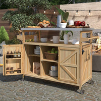 Farmhouse Solid Wood Outdoor Kitchen Island Rolling Bar Cart With Stainless Steel Top Spice Rack And Towel Rack For BBQ And Kitchen Storage