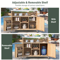 Farmhouse Solid Wood Outdoor Kitchen Island Rolling Bar Cart With Stainless Steel Top Spice Rack And Towel Rack For BBQ And Kitchen Storage