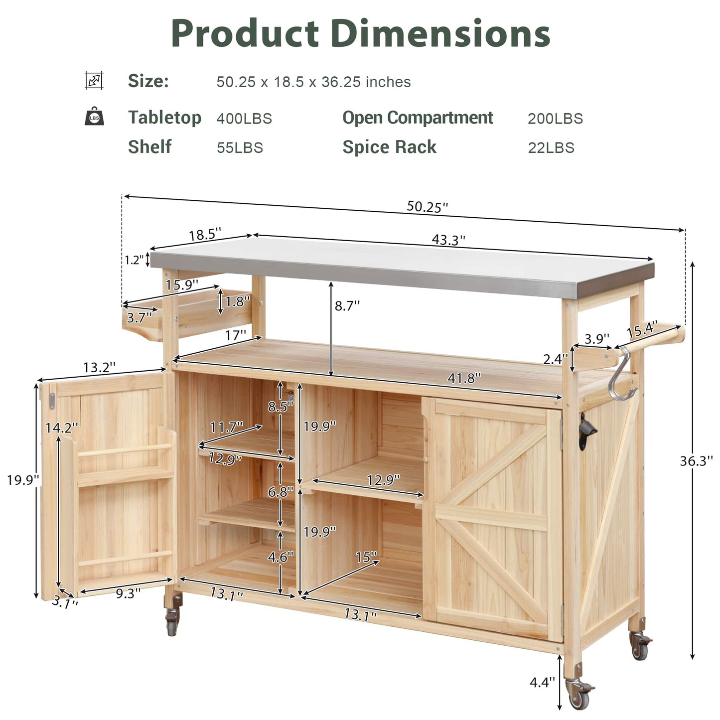 Farmhouse Solid Wood Outdoor Kitchen Island Rolling Bar Cart With Stainless Steel Top Spice Rack And Towel Rack For BBQ And Kitchen Storage