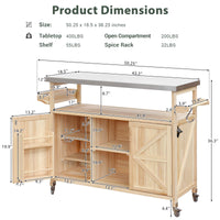 Farmhouse Solid Wood Outdoor Kitchen Island Rolling Bar Cart With Stainless Steel Top Spice Rack And Towel Rack For BBQ And Kitchen Storage