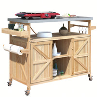 Farmhouse Solid Wood Outdoor Kitchen Island Rolling Bar Cart With Stainless Steel Top Spice Rack And Towel Rack For BBQ And Kitchen Storage