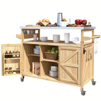 Farmhouse Solid Wood Outdoor Kitchen Island Rolling Bar Cart With Stainless Steel Top Spice Rack And Towel Rack For BBQ And Kitchen Storage