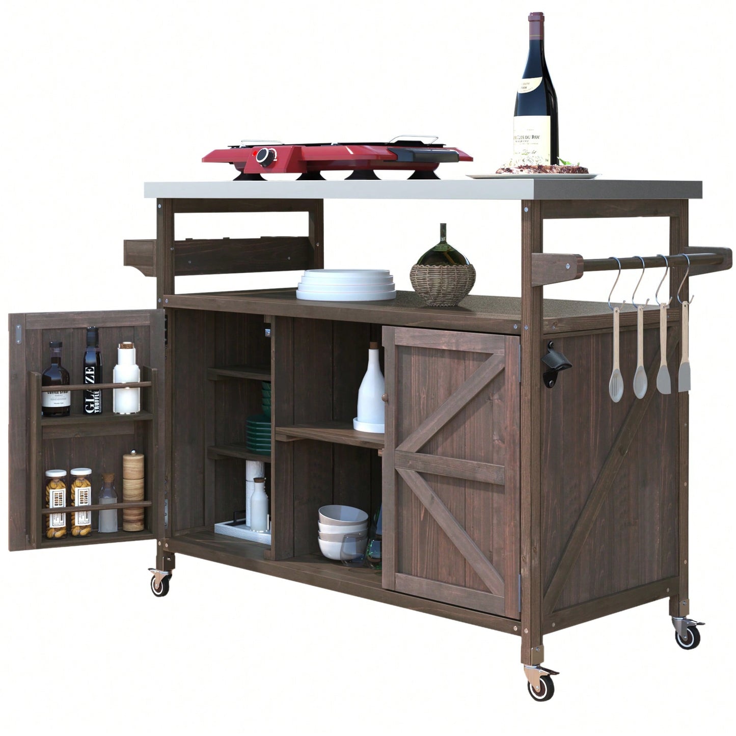 Farmhouse Solid Wood Outdoor Kitchen Island Rolling Bar Cart With Stainless Steel Top Spice Rack And Towel Rack For BBQ And Kitchen Storage