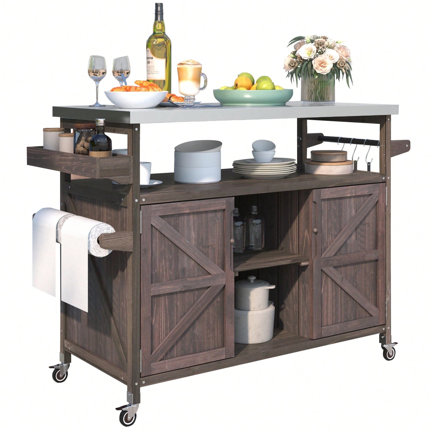 Farmhouse Solid Wood Outdoor Kitchen Island Rolling Bar Cart With Stainless Steel Top Spice Rack And Towel Rack For BBQ And Kitchen Storage