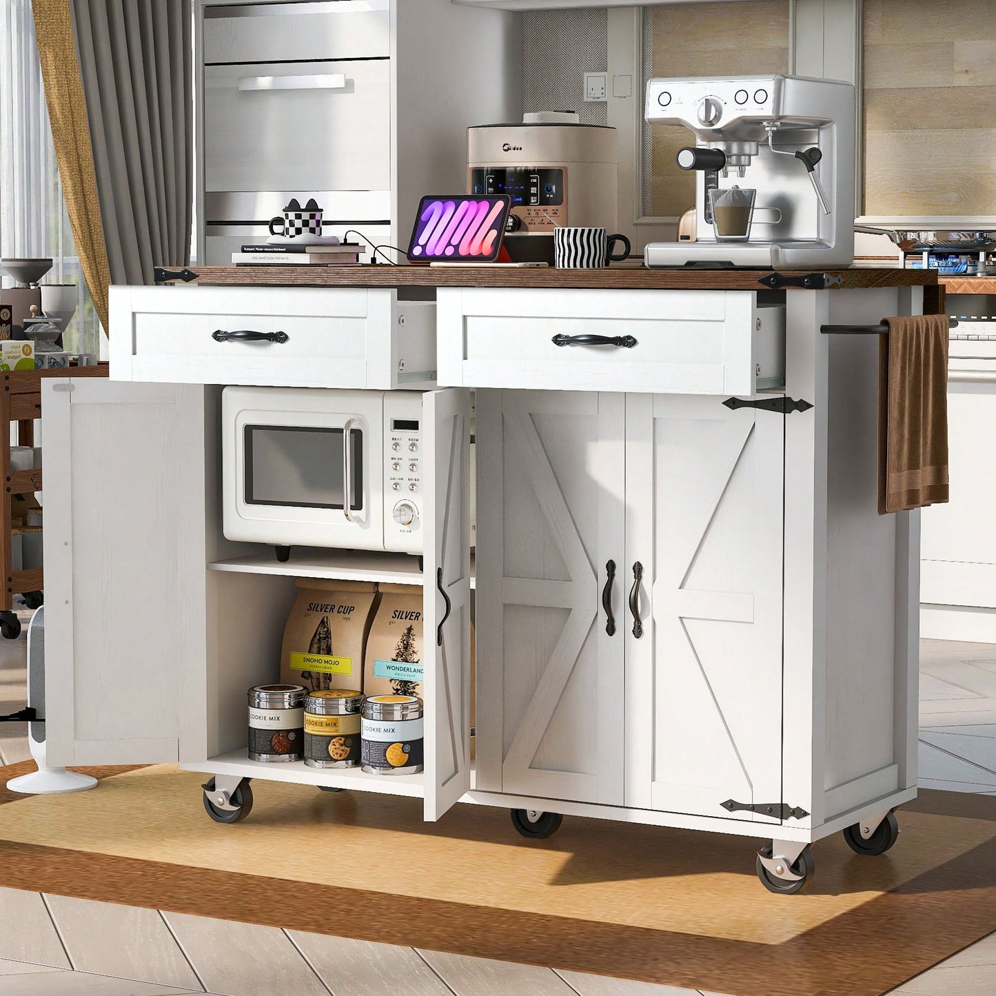 Farmhouse Style Kitchen Island With Power Outlet And Drop Leaf, Rolling Storage Cart With Spice Rack And Drawer For Room, White Finish