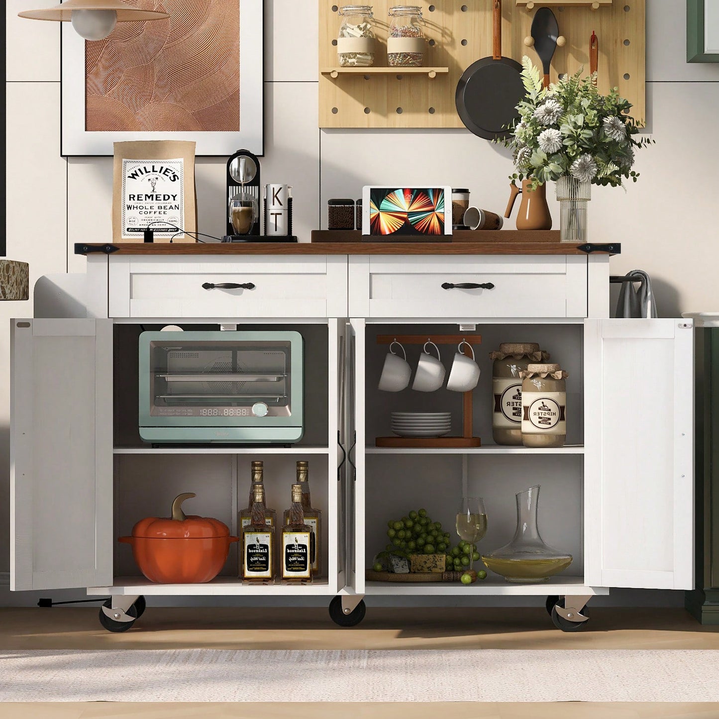 Farmhouse Style Kitchen Island With Power Outlet And Drop Leaf, Rolling Storage Cart With Spice Rack And Drawer For Room, White Finish