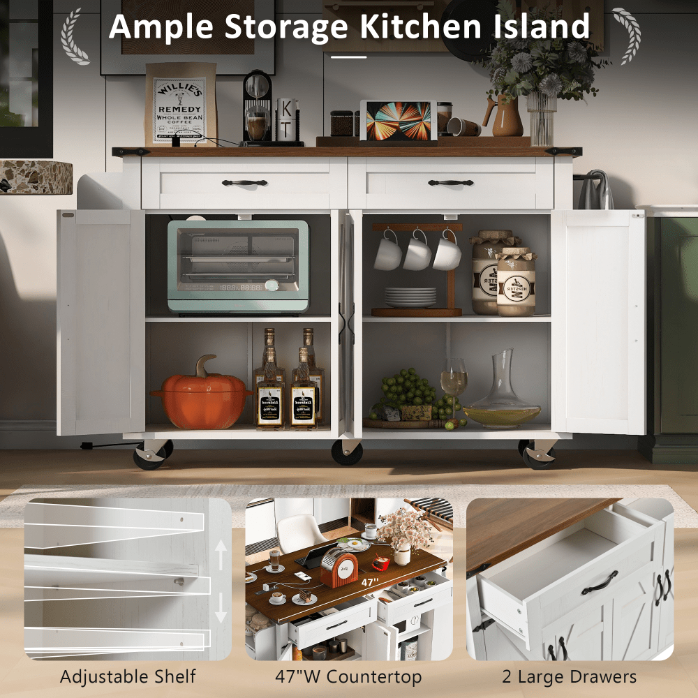 Farmhouse Style Kitchen Island With Power Outlet And Drop Leaf, Rolling Storage Cart With Spice Rack And Drawer For Room, White Finish