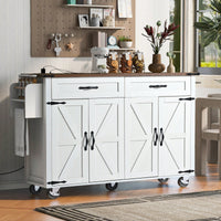 Farmhouse Style Kitchen Island With Power Outlet And Drop Leaf, Rolling Storage Cart With Spice Rack And Drawer For Room, White Finish