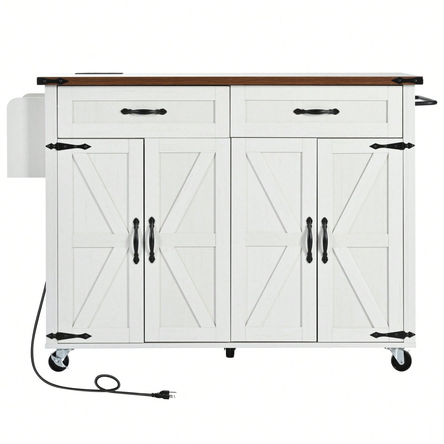 Farmhouse Style Kitchen Island With Power Outlet And Drop Leaf, Rolling Storage Cart With Spice Rack And Drawer For Room, White Finish