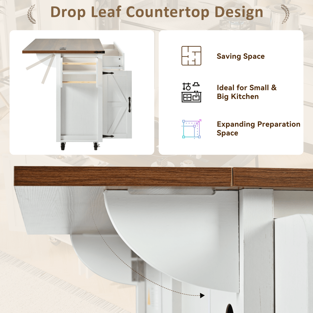 Farmhouse Style Kitchen Island With Power Outlet And Drop Leaf, Rolling Storage Cart With Spice Rack And Drawer For Room, White Finish