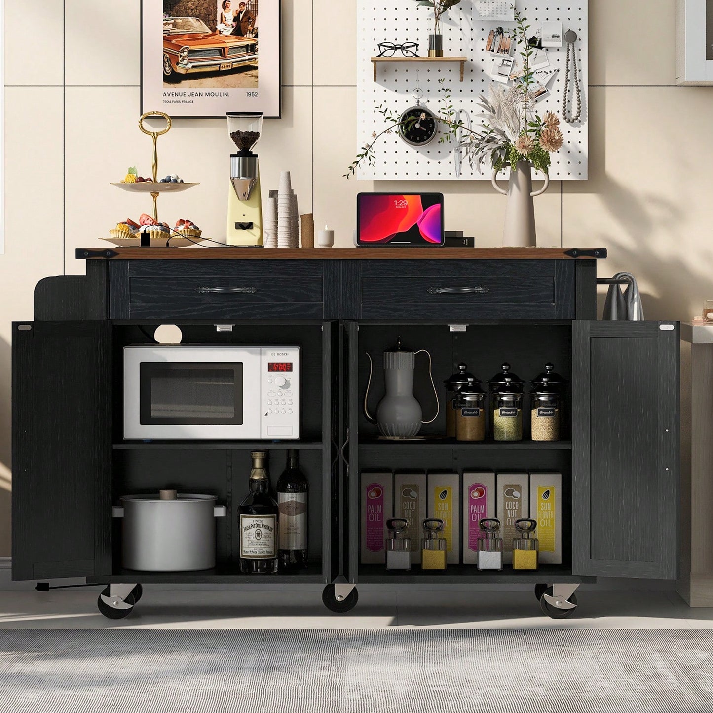 Farmhouse Style Kitchen Island With Power Outlet And Drop Leaf, Rolling Storage Cart With Spice Rack And Drawer For Room, White Finish