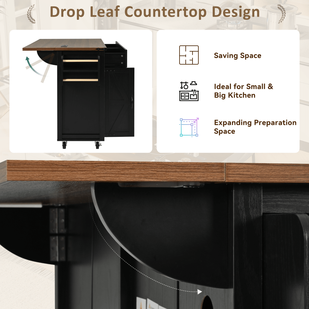 Farmhouse Style Kitchen Island With Power Outlet And Drop Leaf, Rolling Storage Cart With Spice Rack And Drawer For Room, White Finish