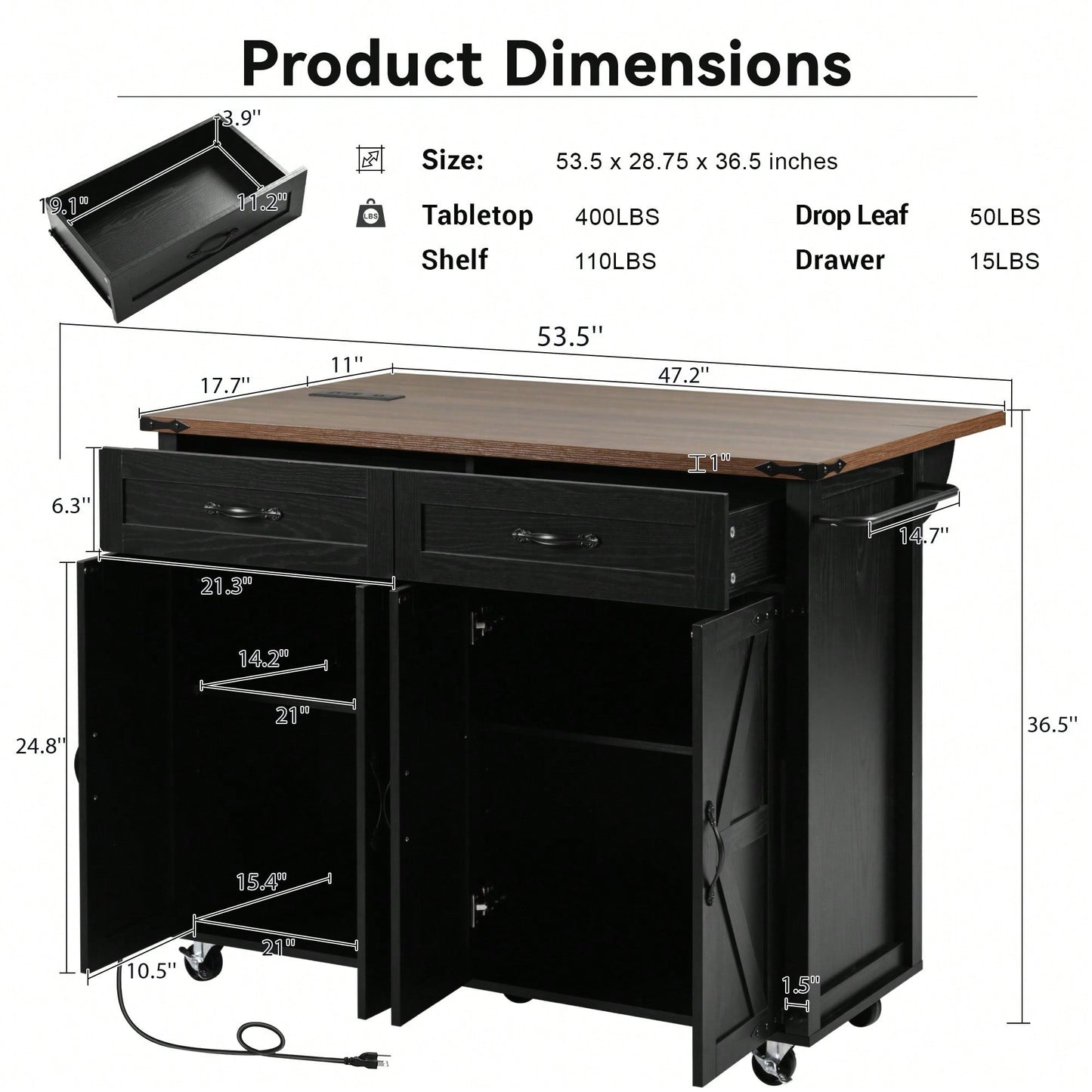 Farmhouse Style Kitchen Island With Power Outlet And Drop Leaf, Rolling Storage Cart With Spice Rack And Drawer For Room, White Finish