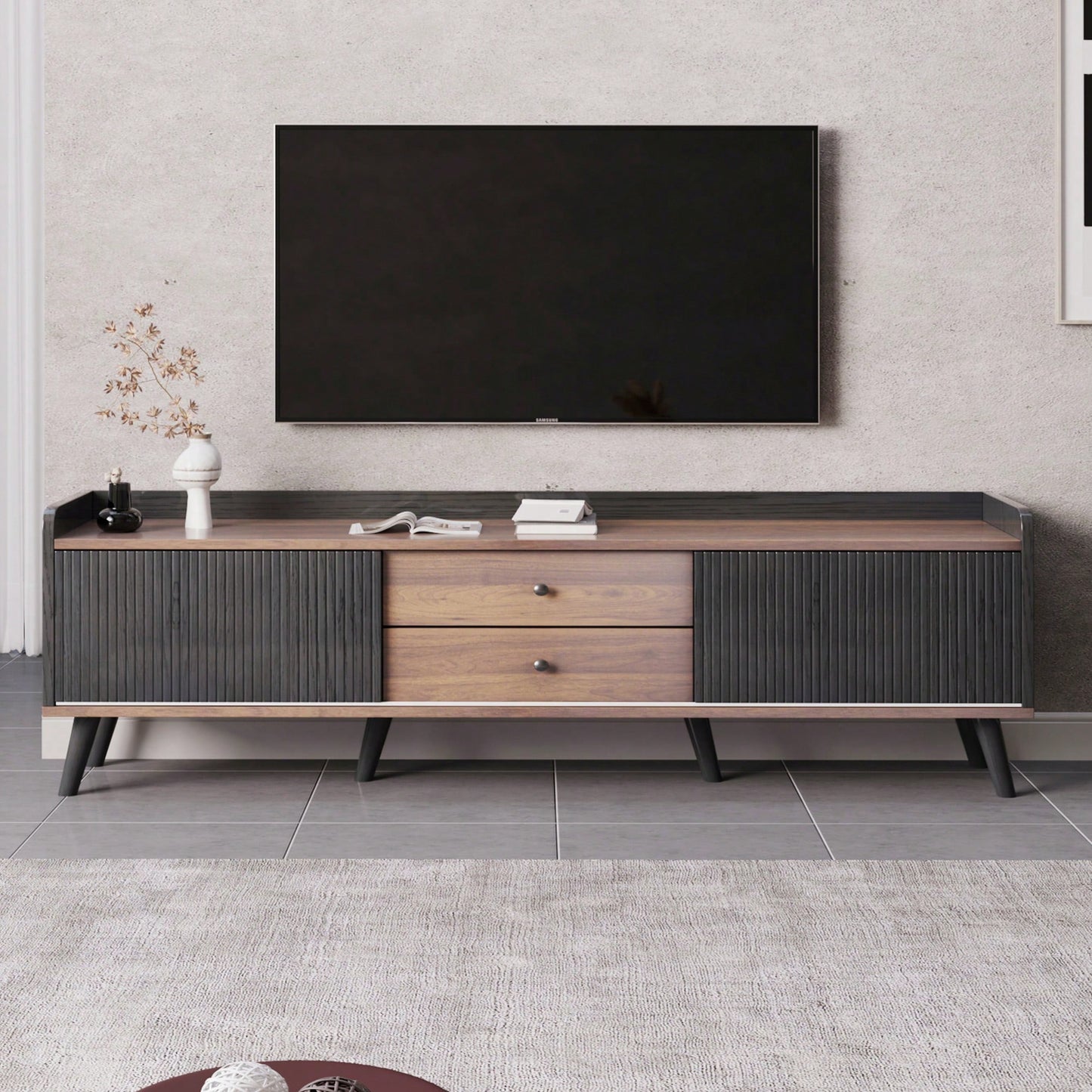 Mid Century Modern 63 Inch TV Stand with Dual Cabinets and Open Storage for TVs Up to 70 Inches Ideal for Living Room Bedroom