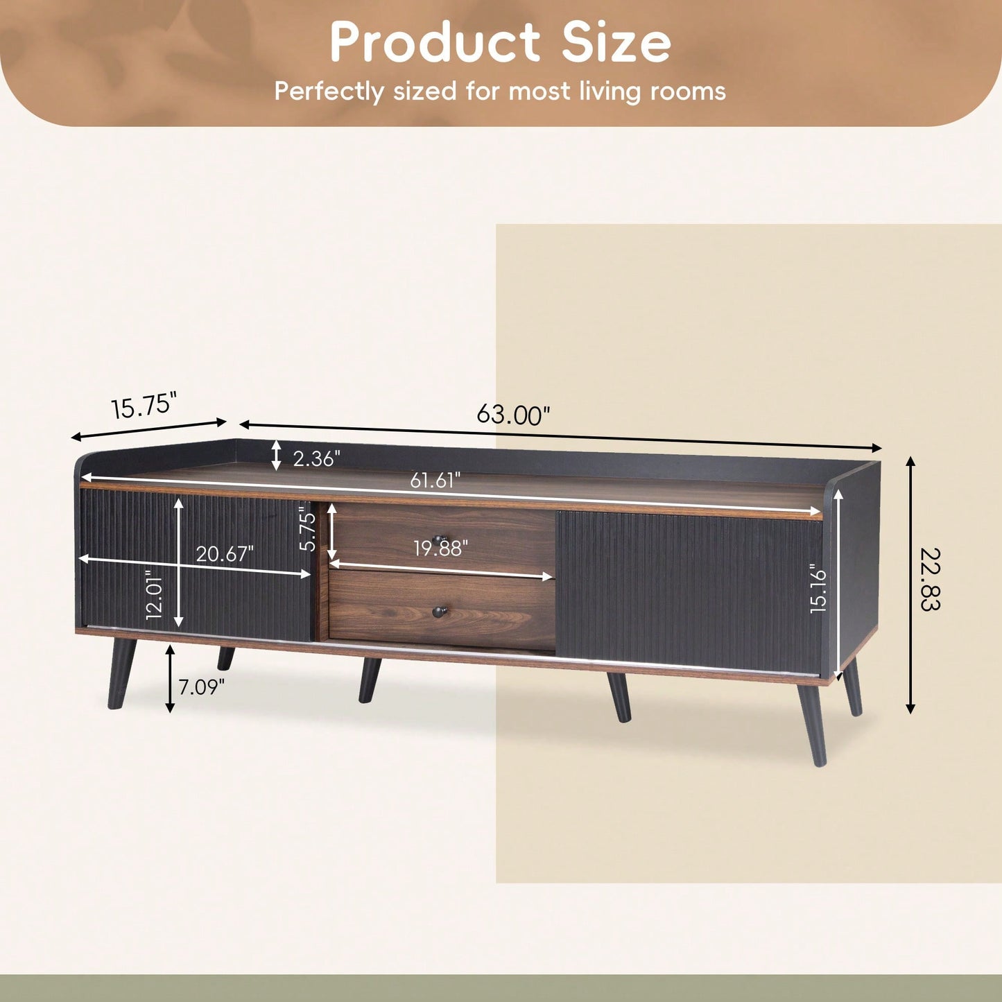 Mid Century Modern 63 Inch TV Stand with Dual Cabinets and Open Storage for TVs Up to 70 Inches Ideal for Living Room Bedroom