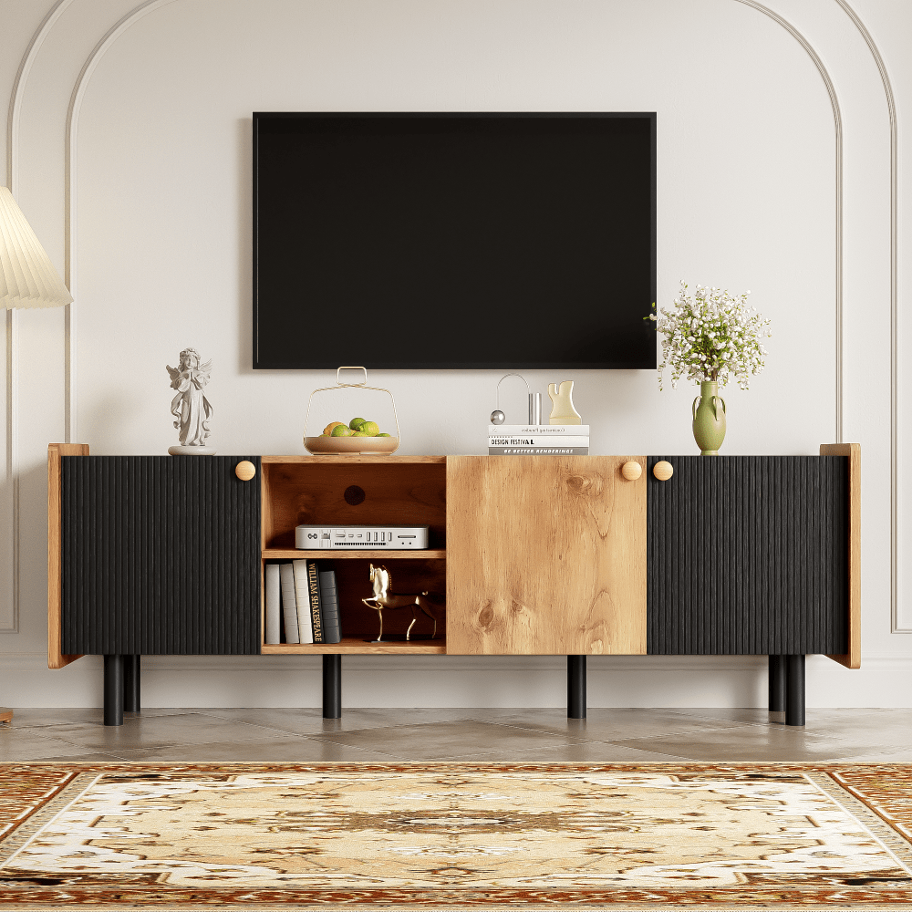 Mid Century Modern TV Stand for TVs Up to 70 Inches Stylish Media Console with 3 Cabinets Storage Solution for Bedroom Home Theatre