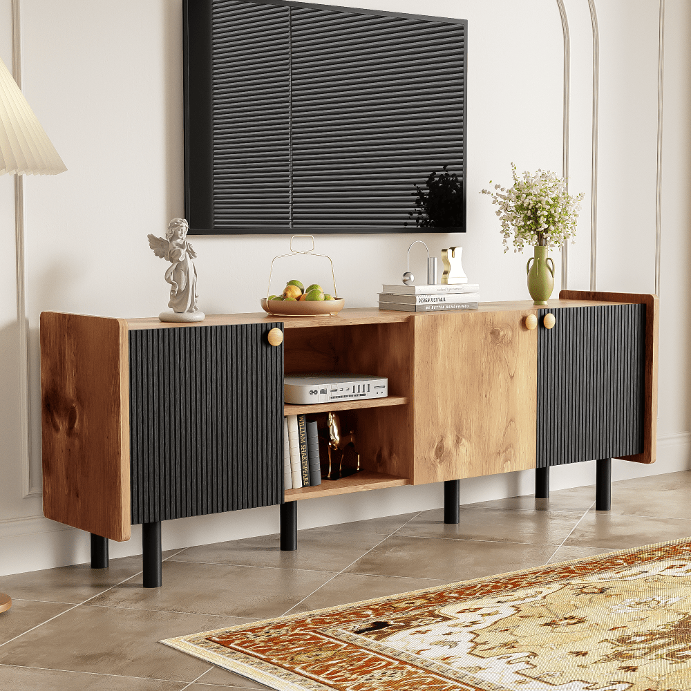 Mid Century Modern TV Stand for TVs Up to 70 Inches Stylish Media Console with 3 Cabinets Storage Solution for Bedroom Home Theatre