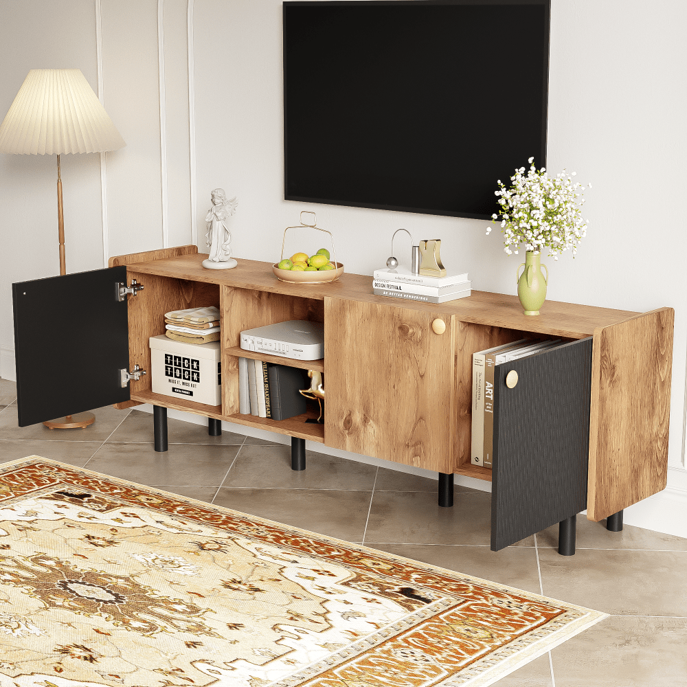 Mid Century Modern TV Stand for TVs Up to 70 Inches Stylish Media Console with 3 Cabinets Storage Solution for Bedroom Home Theatre