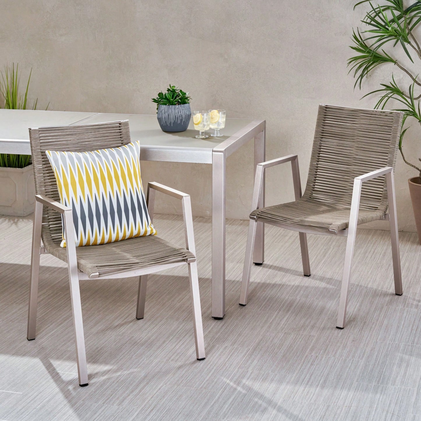 Contemporary Outdoor Aluminum Dining Chairs With Rope Seat Set Of 2 Silver And Taupe